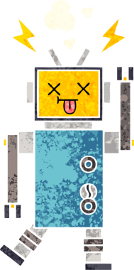 Bir insan tarafından çizilen robot arızasının retro çizim tarzı karikatürü