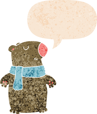 Bir insan tarafından çizilmiş grunge sıkıntılı retro biçimli konuşma balonu ile çizgi film ayısı