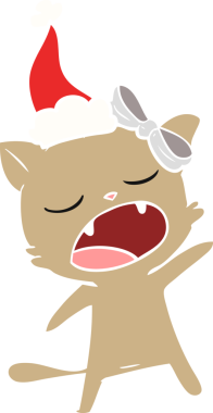 Bir insan tarafından çizilmiş Noel Baba şapkası takan şarkı söyleyen bir kedinin el çizimi.