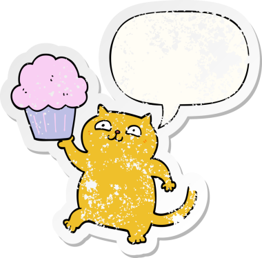 Cümbüşü olan bir çizgi film kedisi, bir insan tarafından çizilmiş sıkıntılı eski bir çıkartma.