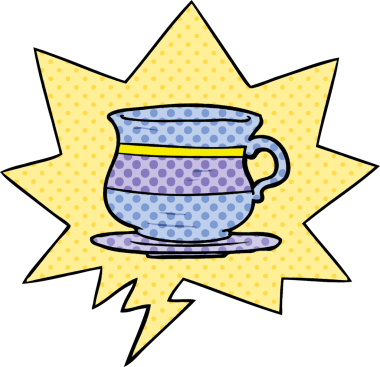 Bir insan tarafından çizilmiş çizgi roman tarzında konuşma balonu olan eski bir çay fincanı.