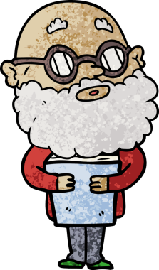 Bir insan tarafından çizilmiş sakallı ve gözlüklü meraklı bir adam.