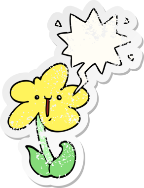 Konuşma baloncuğu olan karikatür çiçeği bir insan tarafından çizilmiş sıkıntılı eski bir çıkartma