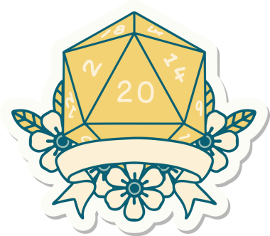 Bir insan tarafından çizilmiş 20 kritik vuruşluk D20 zar etiketi.