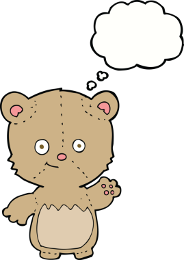 Bir insan tarafından çizilmiş düşünce baloncuğuyla sallanan oyuncak ayı.