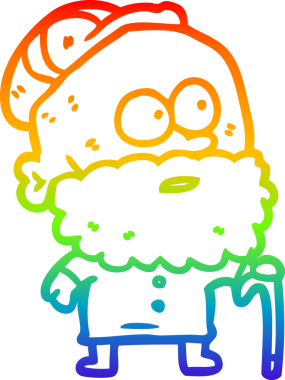 Bir insan tarafından çizilmiş bastonlu ve düz şapkalı yaşlı bir adamın çizimi.