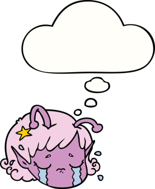 Uzaylı uzaylı kız bir insan tarafından çizilmiş düşünce baloncuğuyla ağlıyor.