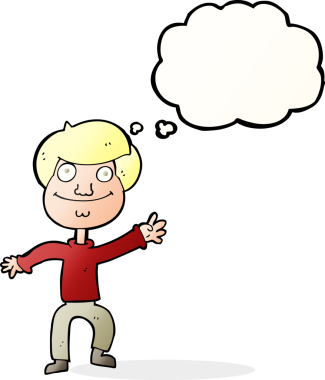 Bir insan tarafından çizilmiş düşünce baloncuğuyla el sallayan mutlu bir adam.