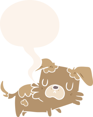 bir insan tarafından çizilmiş eski moda konuşma baloncuğu olan küçük bir köpek.