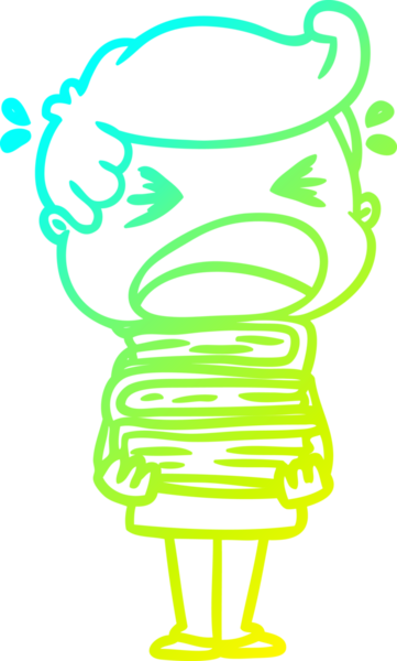 Bir insan tarafından çizilmiş kitap yığınıyla bağıran bir karikatür çizimi.