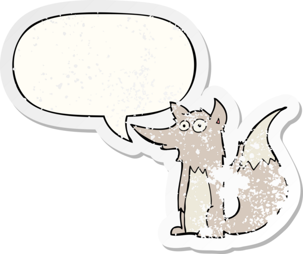 Konuşma baloncuğu olan karikatür kurdu, bir insan tarafından çizilmiş, kederli, eski bir çıkartma.