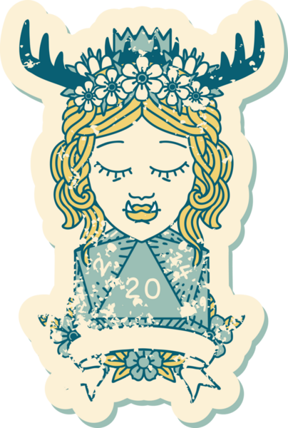 Retro Dövme Biçimli Ork karakteri bir insan tarafından çizilmiş 20 zar ile