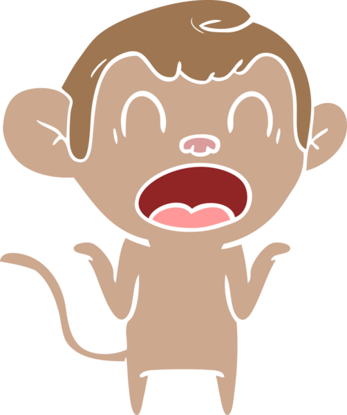 Bir insan tarafından çizilmiş düz renkli çizgi film maymunu omuzlarını silkiyor.