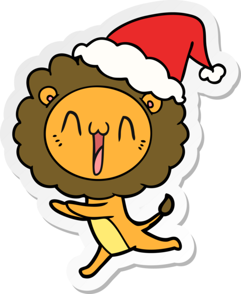 Bir insan tarafından çizilmiş Noel Baba şapkası giymiş bir aslanın mutlu el çizimi karikatürü.