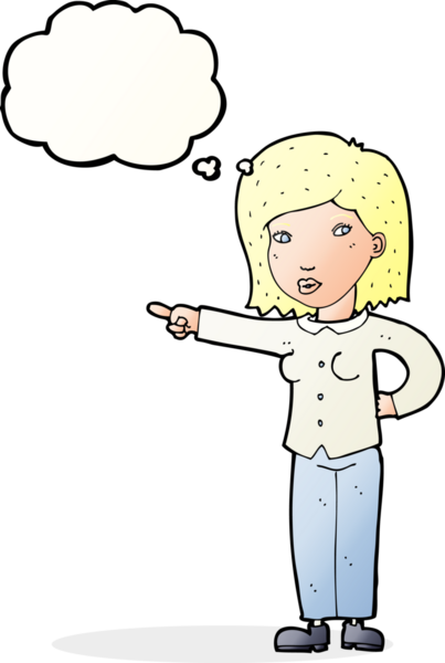 Bir insan tarafından çizilmiş düşünce balonuyla işaret eden çizgi film kadını.