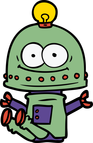 Bir insan tarafından çizilmiş ampullü mutlu karton robot.