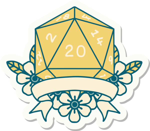 Bir insan tarafından çizilmiş 20 kritik vuruşluk D20 zar etiketi.