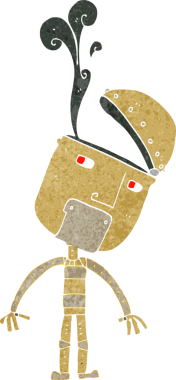 Bir insan tarafından çizilmiş açık kafalı çizgi film robotu.