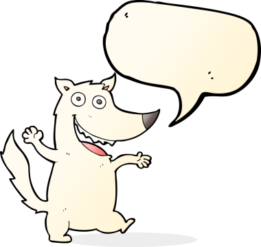 Bir insan tarafından çizilmiş konuşma balonlu mutlu kurt çizgi filmi.