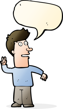 Bir insan tarafından çizilmiş konuşma balonuyla barış işareti yapan çizgi film adamı.