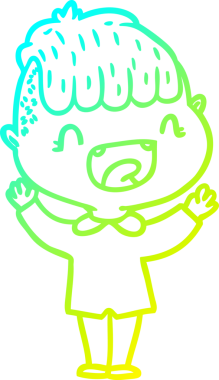 Bir çizgi film karakteri çizen soğuk gradyalı mutlu çocuk bir insan tarafından çizilmiş.