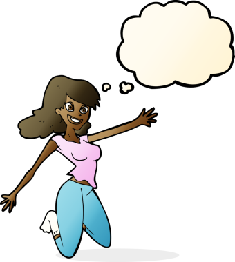 Bir insan tarafından çizilmiş düşünce balonlu zıplayan kadın.