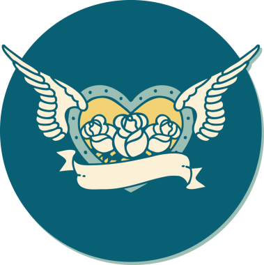 Geleneksel bir dövme stili. Uçan kalp. Çiçekler ve bir insan tarafından çizilmiş bayrak.