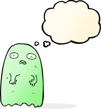 Bir insan tarafından çizilmiş düşünce baloncuklu komik çizgi film hayaleti.