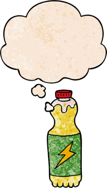 Bir insan tarafından çizilmiş grunge desenli düşünce baloncuklu karikatür soda şişesi.