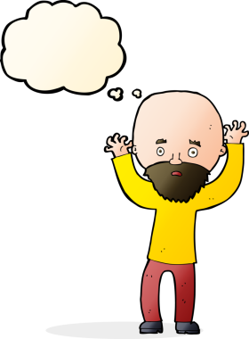 Karikatür sakallı adam bir insan tarafından çizilmiş düşünce balonuyla panikliyor.