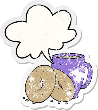 Konuşma balonlu çizgi film kahve ve çörekler bir insan tarafından çizilmiş sıkıntılı eski bir çıkartma