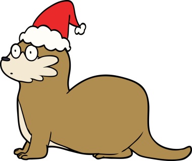 Bir insan tarafından çizilmiş Noel Baba şapkası giyen bir su samurunun el çizimi.