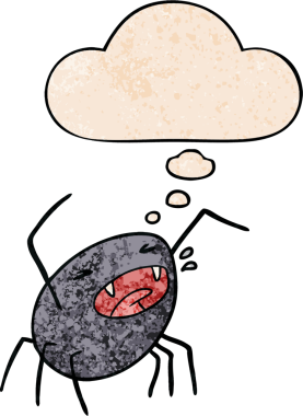 Düşünce baloncuklu çizgi film örümceği bir insan tarafından çizilmiş grunge desenli.