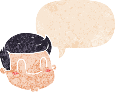 bir insan tarafından çizilmiş, grunge dertli retro tarzı konuşma baloncuğu ile çizgi film erkek yüzü