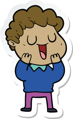 Bir insan tarafından çizilmiş, gülen bir karikatürcünün çıkartması.