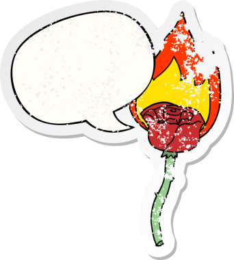 Bir insan tarafından çizilmiş, sıkıntılı, eski bir çıkartma, konuşma balonuyla yanan bir gül.