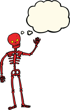 Bir insan tarafından çizilmiş düşünce baloncuklu iskelet sallayan bir çizgi film.