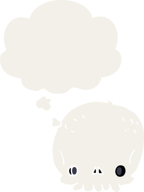 Düşünce baloncuğu olan karikatür kafatası insan tarafından çizilmiş.