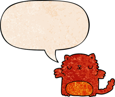 Konuşma baloncuğu olan çizgi film kedisi insan tarafından çizilmiş eski moda dokular.