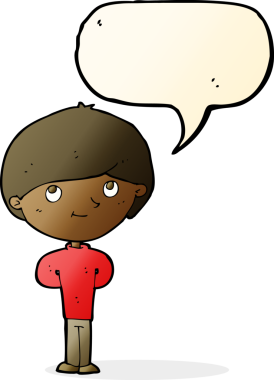 Bir insan tarafından çizilmiş konuşma balonu olan mutlu bir çocuk.