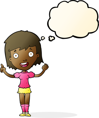 Bir insan tarafından çizilmiş düşünce balonuyla işaret eden çizgi film kadını.