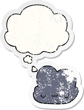 Düşünce baloncuğu olan sevimli çizgi film bulutu bir insan tarafından çizilmiş yıpranmış bir çıkartma gibi.