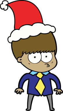 Tişört ve kravat takan, Noel Baba şapkası takan bir çocuğun çizdiği el çizgisi.