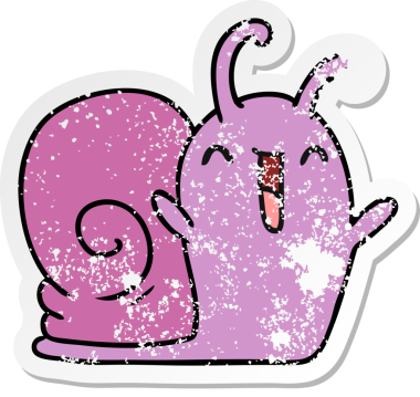 Sıkıntılı etiket çizimi, kawaii mutlu bir salyangoz insan tarafından çizilmiş.