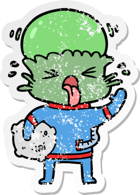 Bir insan tarafından çizilmiş garip bir uzaylı çizgi filminin sıkıntılı çıkartması.