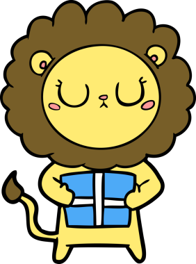 Bir insan tarafından çizilmiş noel hediyeli çizgi film aslanı.