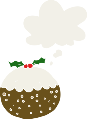 Düşünce baloncuklu noel pudingi insan tarafından çizilmiş retro tarzı.
