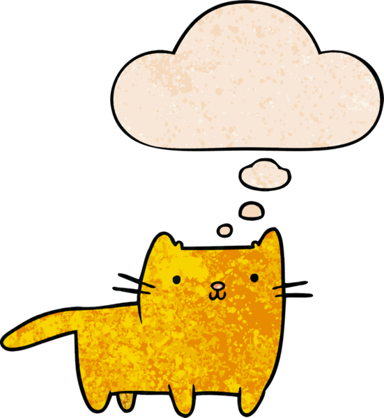 Bir insan tarafından çizilmiş grunge desenli düşünce baloncuklu çizgi film kedisi.