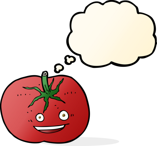 Bir insan tarafından çizilmiş düşünce baloncuklu domates.