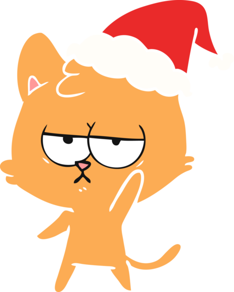 Bir insan tarafından çizilmiş Noel Baba şapkası takan bir kedinin düz renk çizimi.